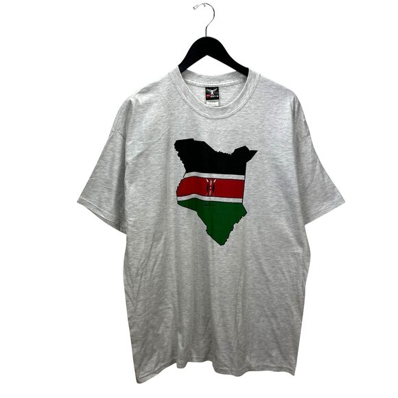 Vintage Y2K Kenya Flag T-Shirt Hanes Beefy XL Gray Map Graphic Usilete Compe - Picture 2 of 16